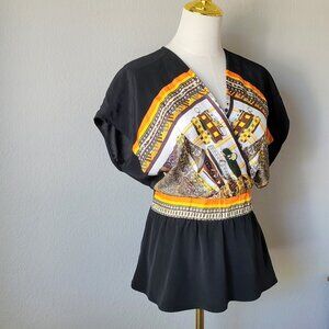 Vintage Boho Silk Print Wrap Top Short Sleeve Waist Peplum Blouse Festival Chic